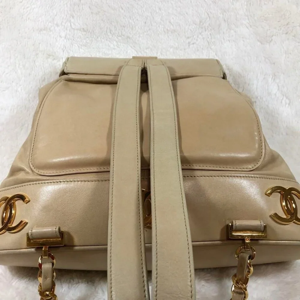 CHANEL CC Vintage Lambskin Beige Gold Backpack Bag Drawstring Chain - Picture 14 of 15